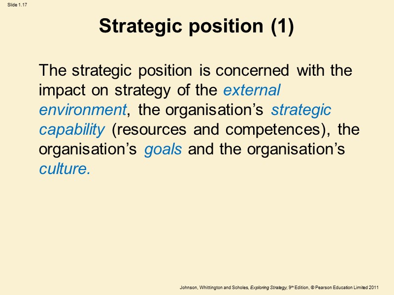 Strategic position (1)  The strategic position is concerned with the impact on strategy